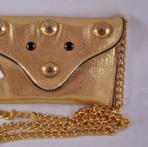 J.J. Winter Metallic Gold Mini Clutch W/Gold Chain Domed Accents, Exposed Zip